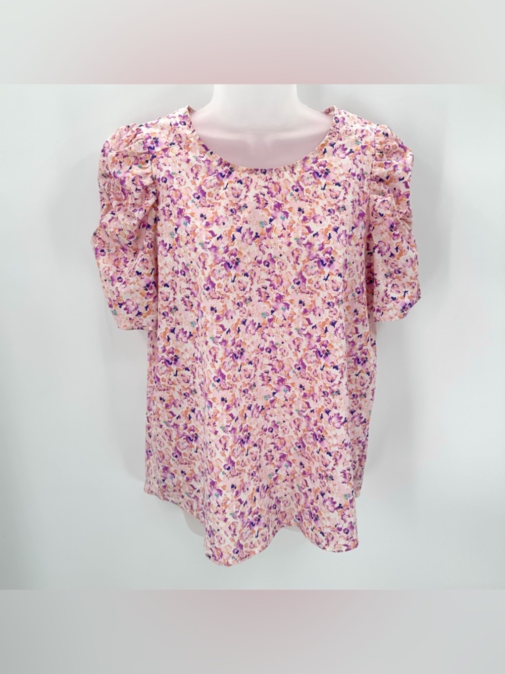 Pleione Top Blouse Women’s M Pink Floral Ruched Short Sleeves Cottagecore Spring